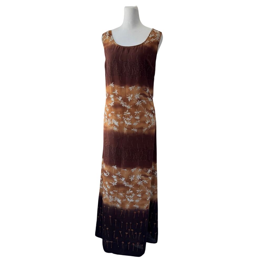 Vintage ‘90s Apostrophe Brown & Tan Floral Scoop Neck Sleeveless Maxi Dress